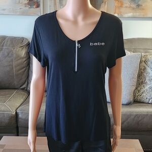 Bebe Black Short Sleeve Top with Zipper